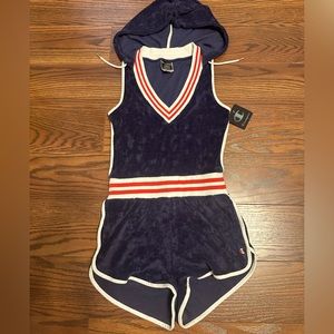 Champion Terry Cloth V neck hooded romper